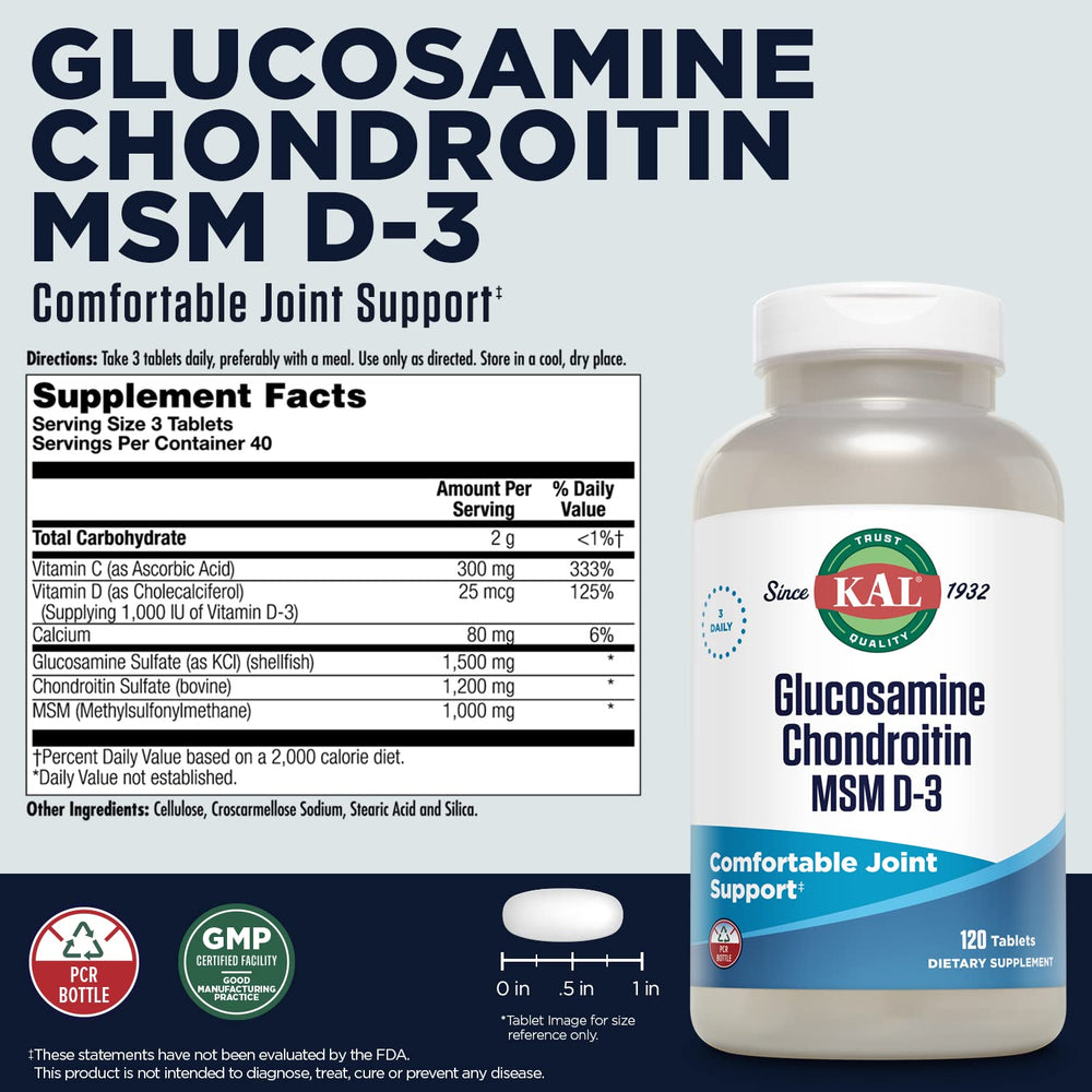 Kal glucosamine tablets close-up highlighting an easy-to-swallow design for joints.