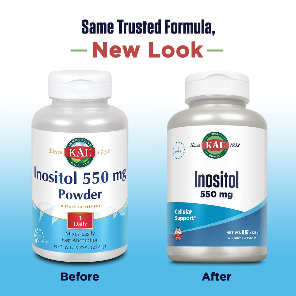 Close-up of KAL Inositol powder label highlighting purity and potency