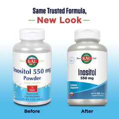 Close-up of KAL Inositol powder label highlighting purity and potency