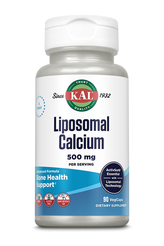 KAL Liposomal Calcium bottle close-up showing vegan formula for bone support.