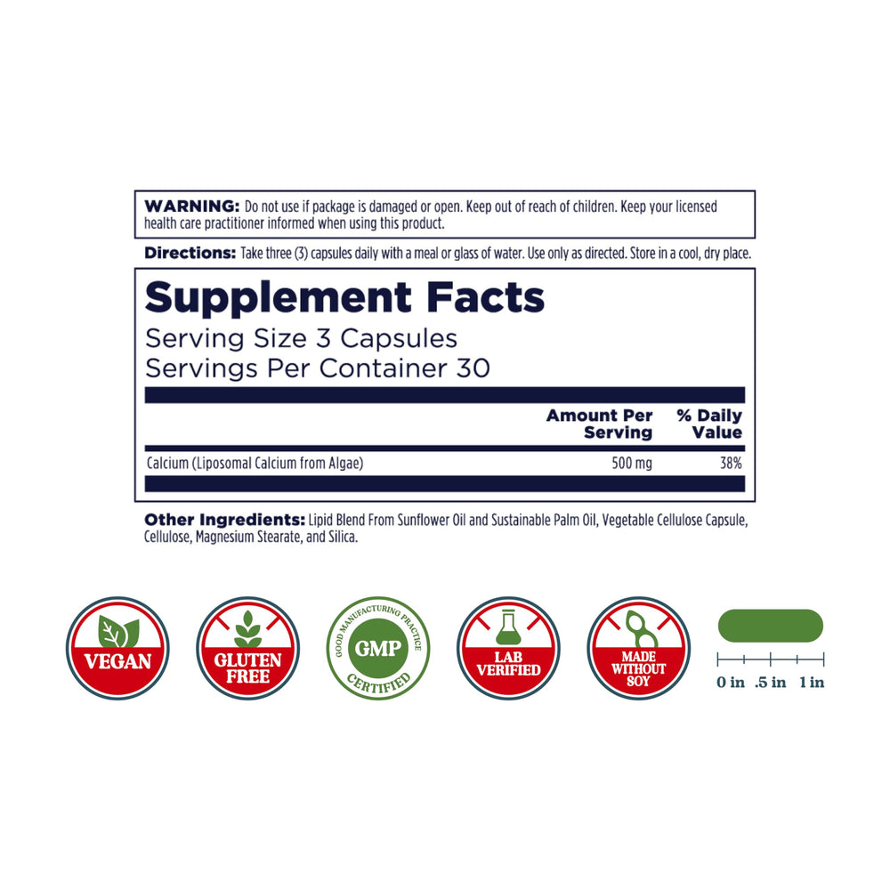 KAL Liposomal Calcium vegan label highlighting plant-based calcium source.