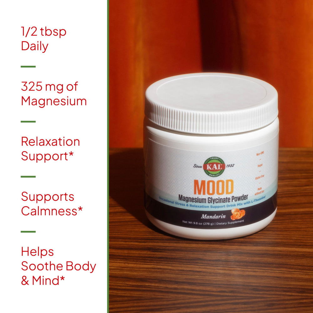 kal mood magnesium powder glass with mandarin drink for a refreshing relaxation moment.