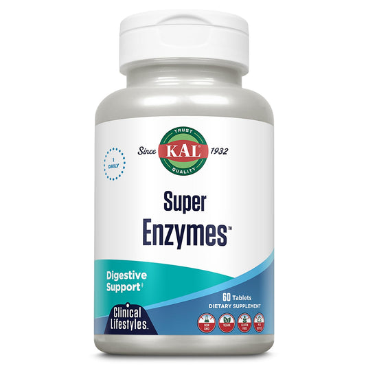 KAL Super Enzymes bottle front showcases vegan enzyme blend for everyday digestion support.