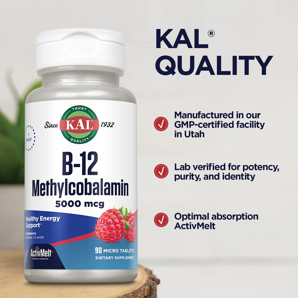 KAL Vitamin B12 ActivMelt bottle showing 90 servings for routine use