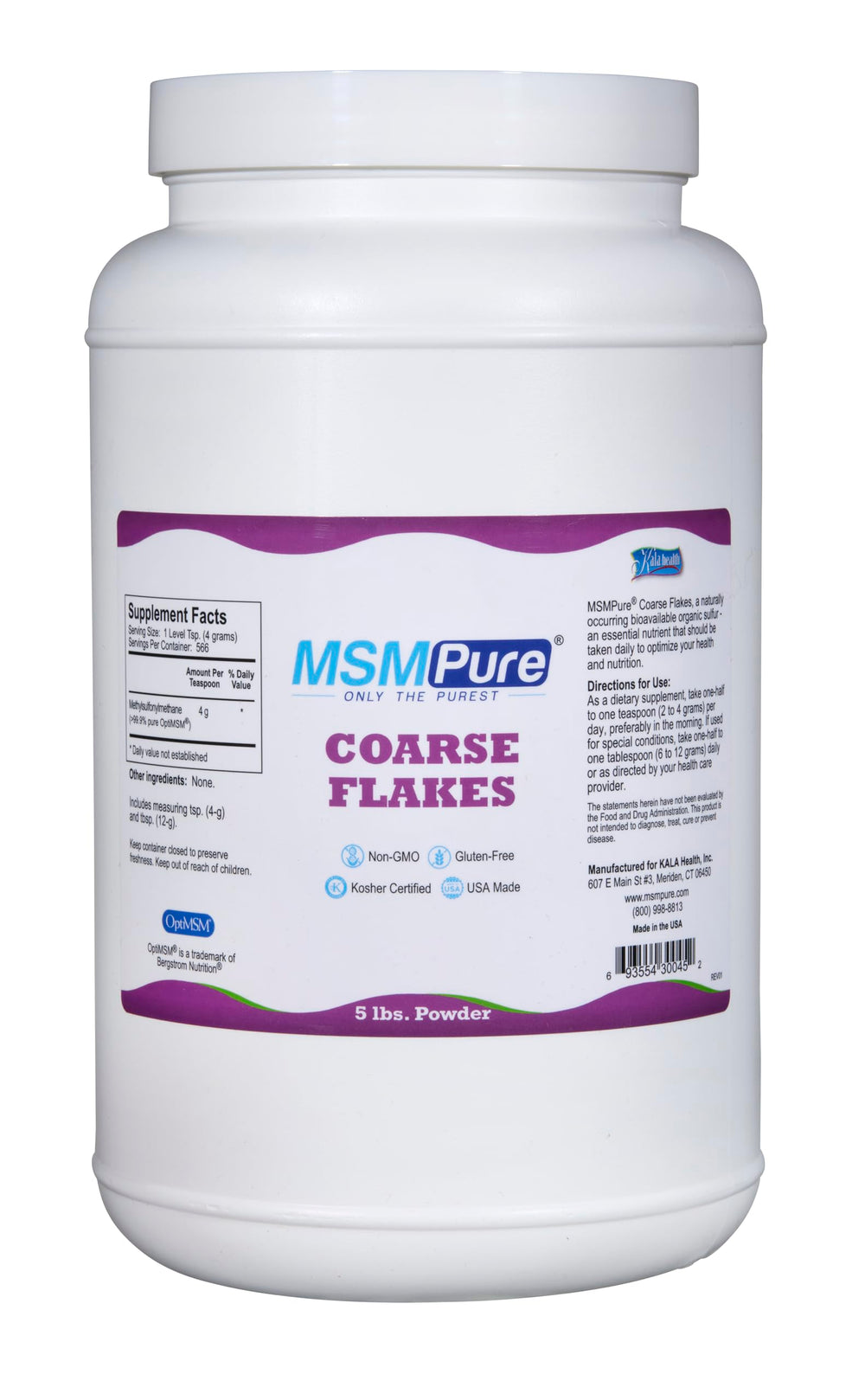 KALA HEALTH MSMPure bottle highlights pure MSM for joint support.