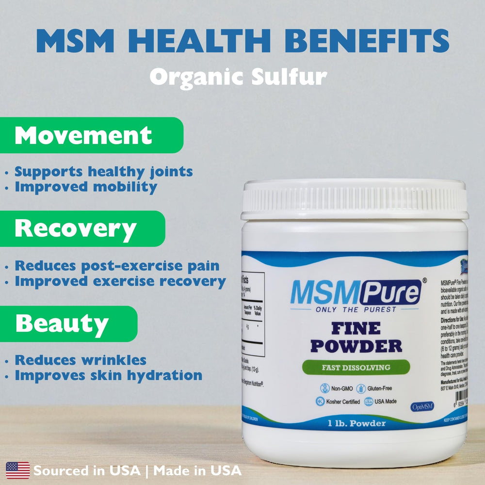 KALA HEALTH MSMPure jar close-up highlighting OptiMSM purity from distillation