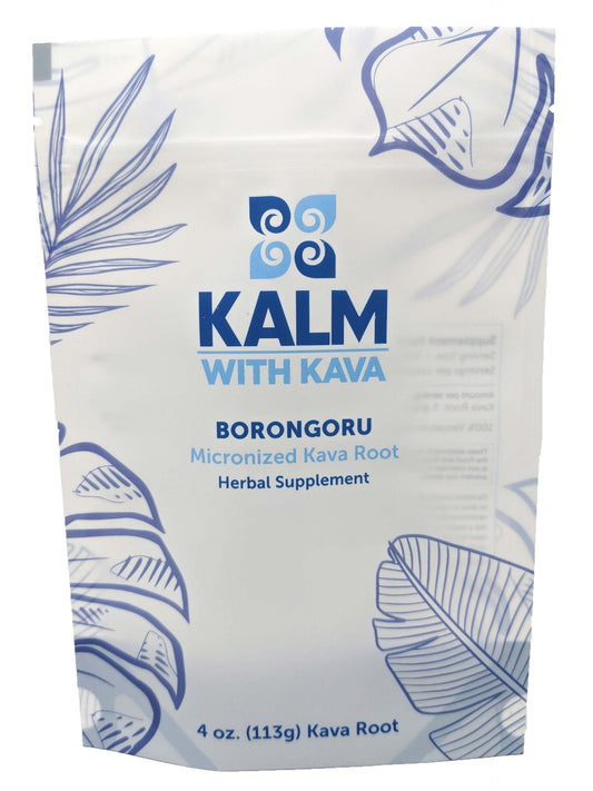 KALM Borongoru micronized kava powder in a jar for quick relaxation.