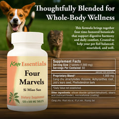 Dog receiving a Kan Herb Four Marvels tablet illustrating easy daily dosing.