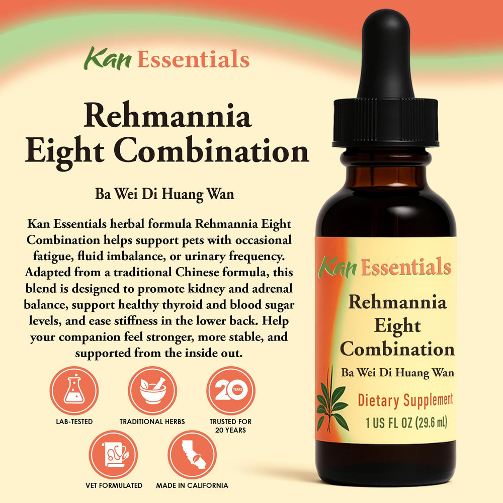 Kan Herb Rehmannia Eight label closeup highlights traditional herbal blend for daily pet wellness.
