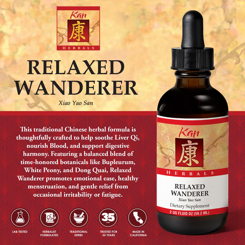 Kan Herb Relaxed Wanderer bottle back detailing ingredients for digestion and cycle balance