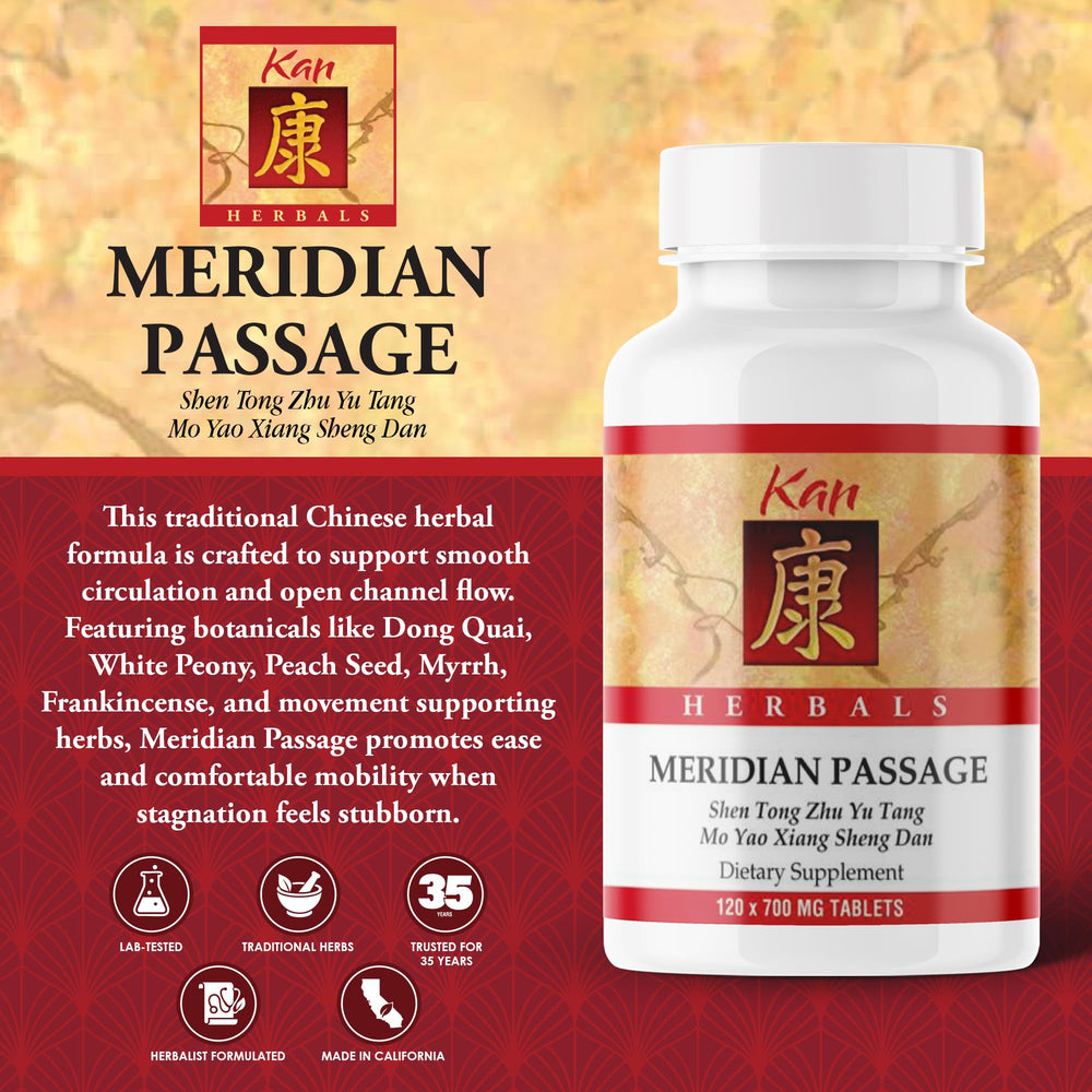 Meridian Passage tablets close-up highlighting compact supplement for mobility