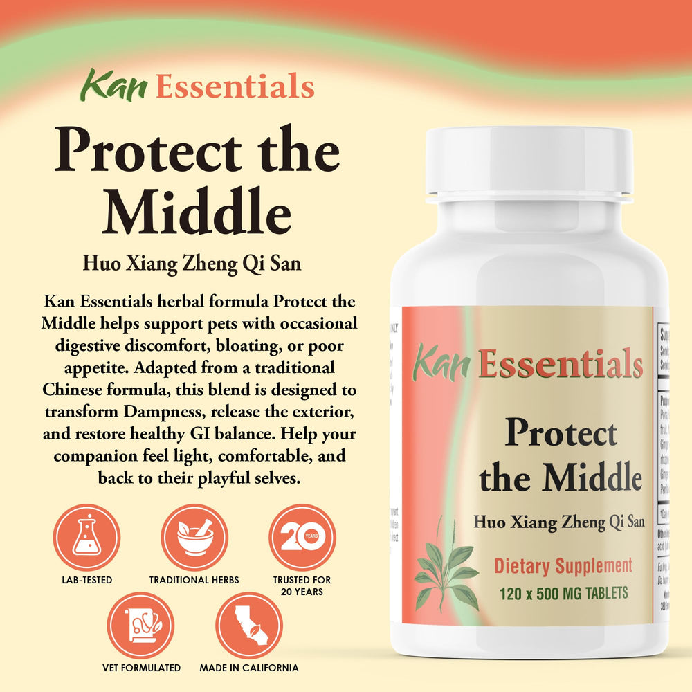 Kan Herbs Protect The Middle bottle pour demonstrates convenient dosing for dogs and cats.