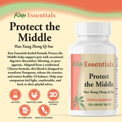 Kan Herbs Protect The Middle bottle pour demonstrates convenient dosing for dogs and cats.