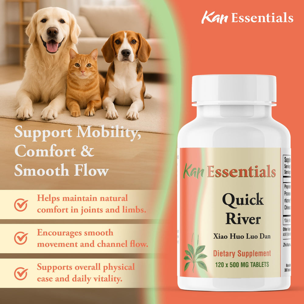 Kan Herbs Quick River scene with a playful pet illustrating daily wellness