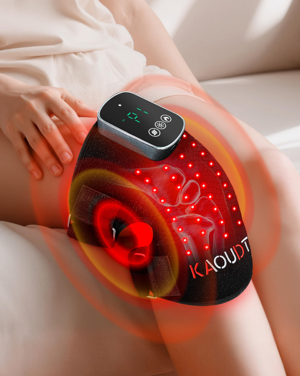 Kaoudt knee massager demonstrating heat and red light therapy for soothing relief during cooldown