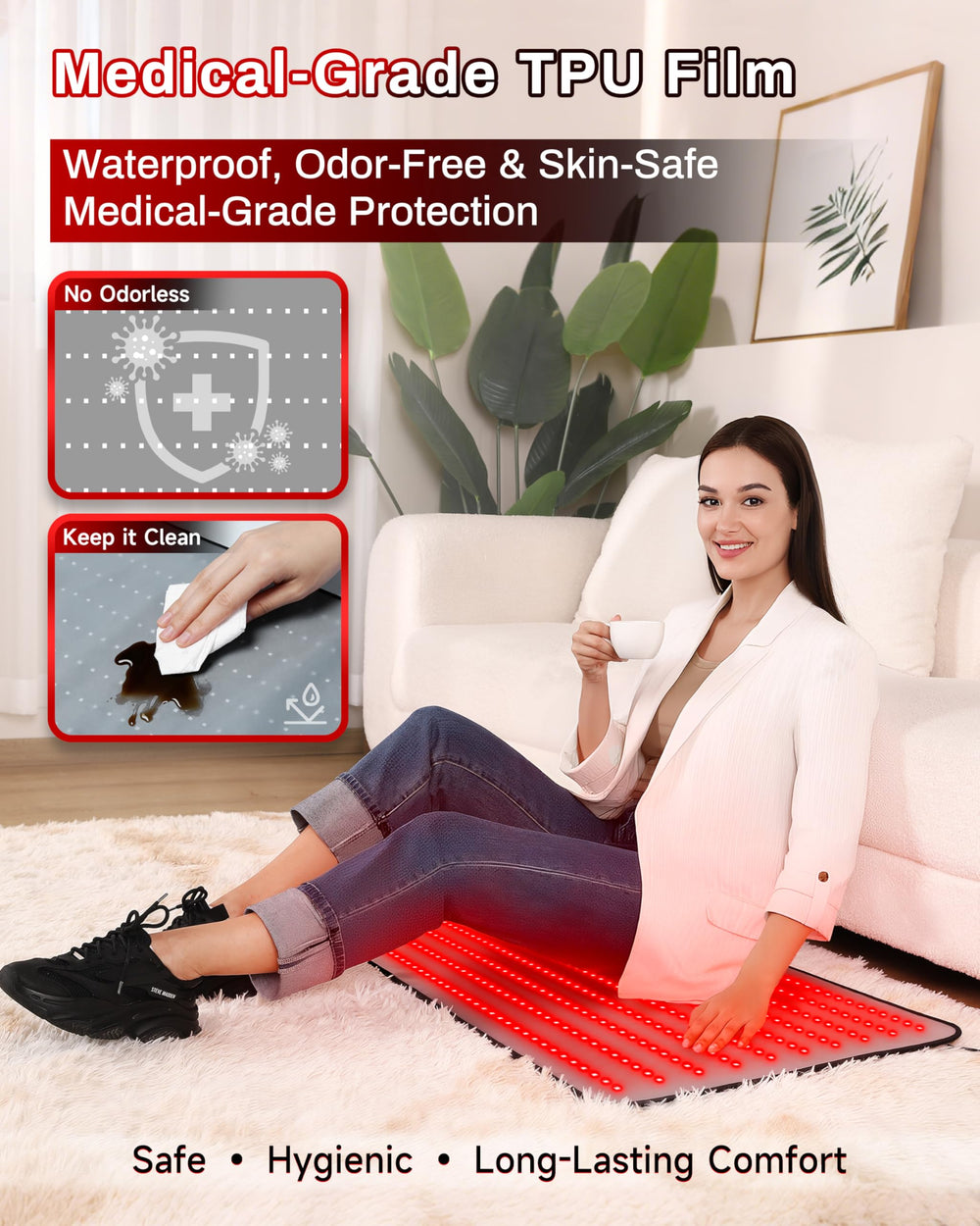 Kaoudt red light therapy mat on abdomen for gentle warming and recovery support.