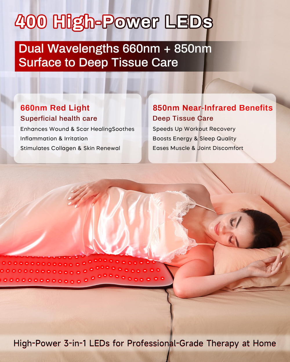 Kaoudt red light therapy mat over shoulders to soothe tension and promote calm.