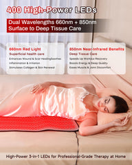 Kaoudt red light therapy mat over shoulders to soothe tension and promote calm.