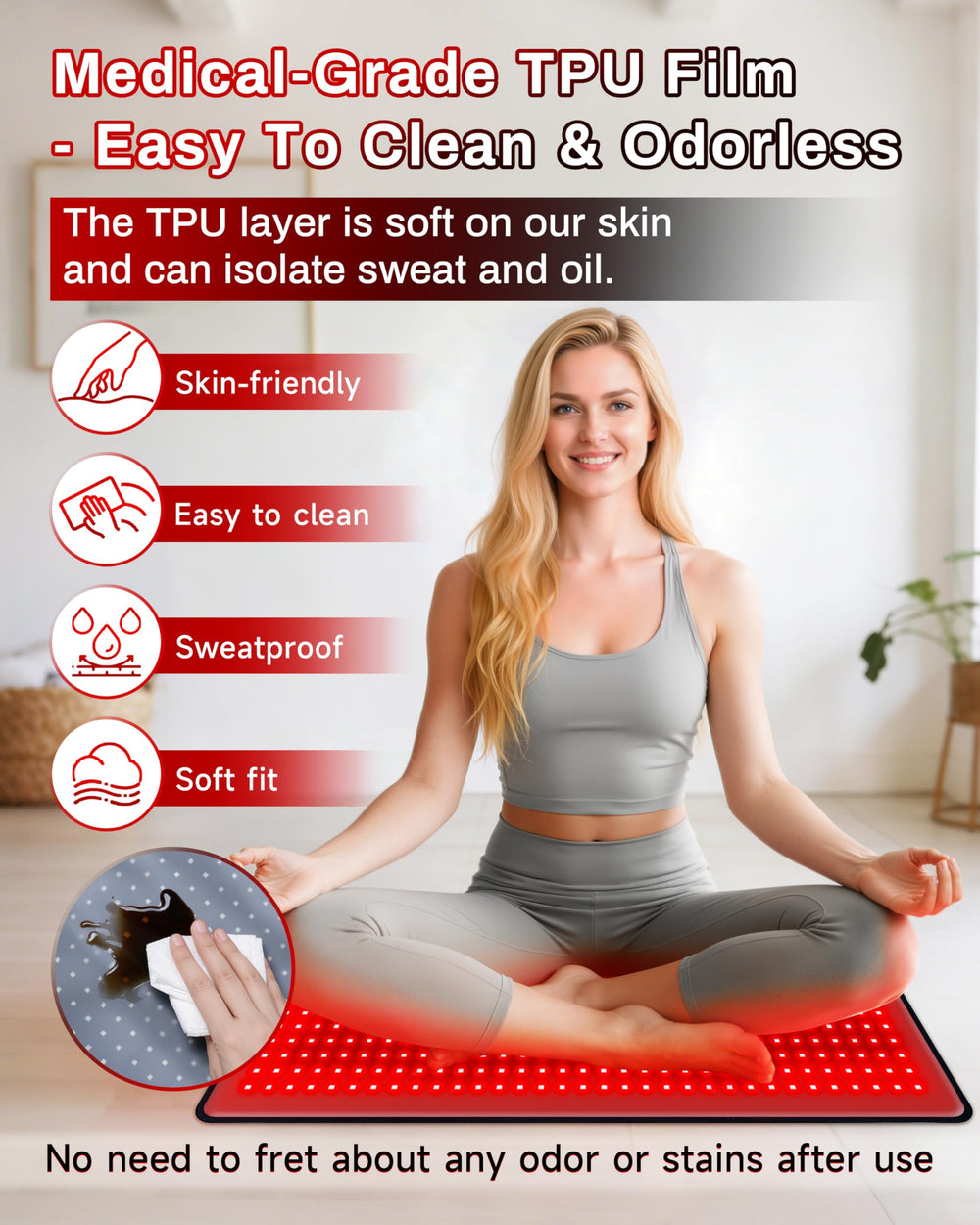 Kaoudt red light therapy mat side view illustrating ergonomic fit during use