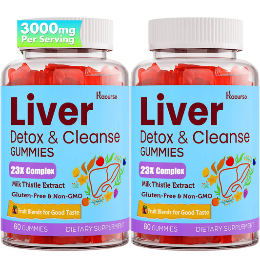 Kaourso Liver Detox Gummies bottle front, fruit flavor and daily liver support in view