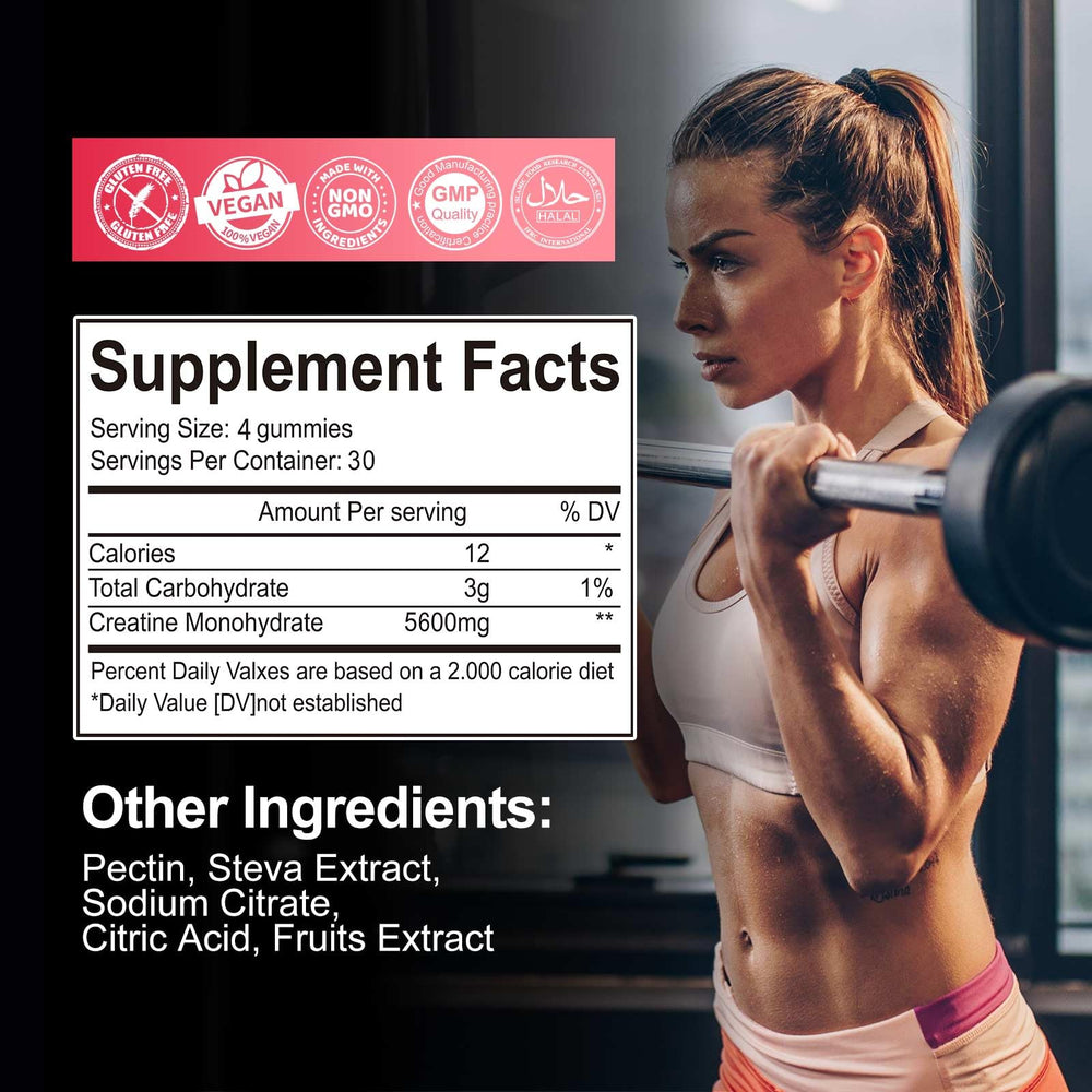 KAOXNU Creatine Monohydrate Gummies bottle front highlighting vegan, sugar-free formula for clean energy.