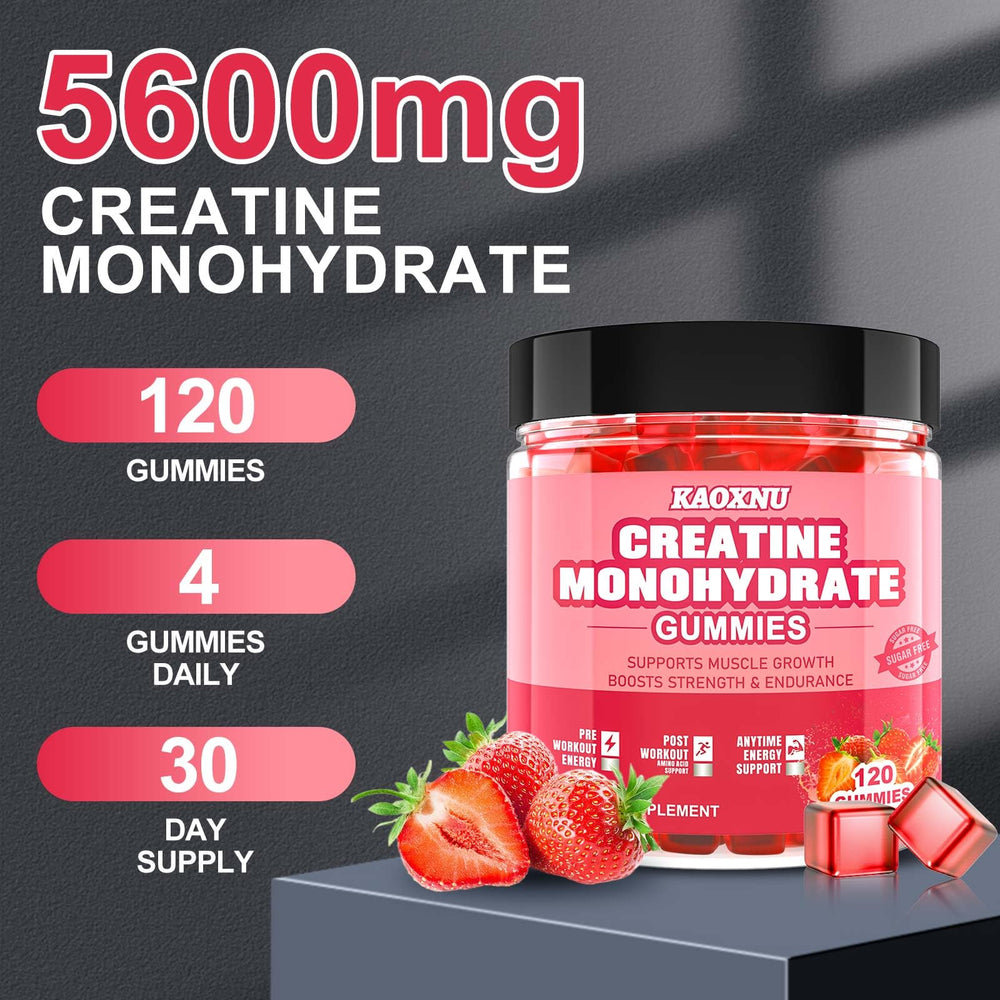 KAOXNU Creatine Monohydrate Gummies bottle side showing label details for quality.
