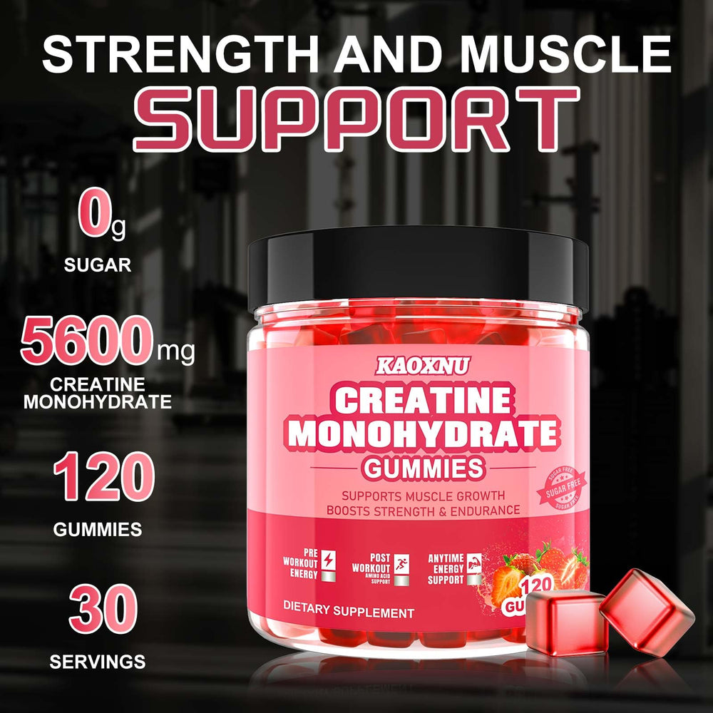 KAOXNU Creatine Monohydrate Gummies jar-open shows 120-count bottle for consistent use.