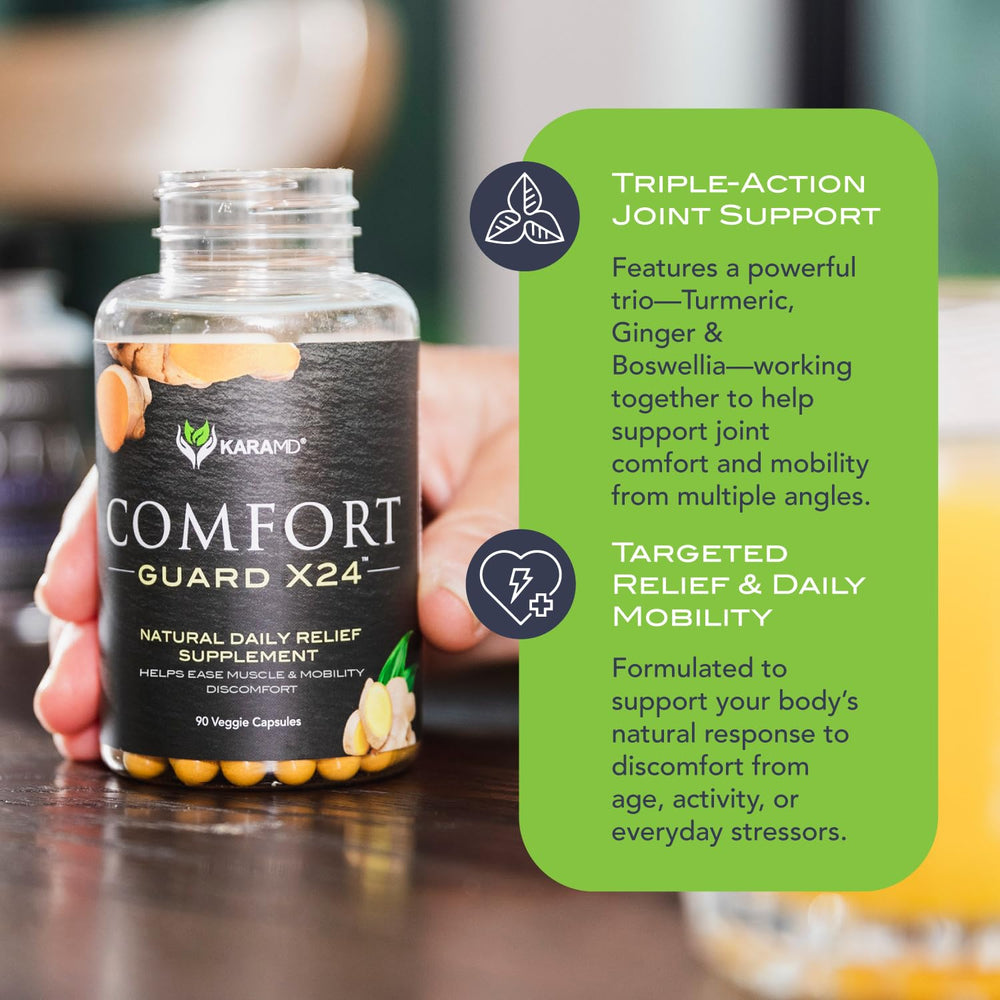 KaraMD Comfort Guard X24 label detail indicating non-GMO and vegan-friendly claims.