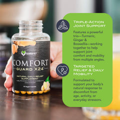KaraMD Comfort Guard X24 label detail indicating non-GMO and vegan-friendly claims.