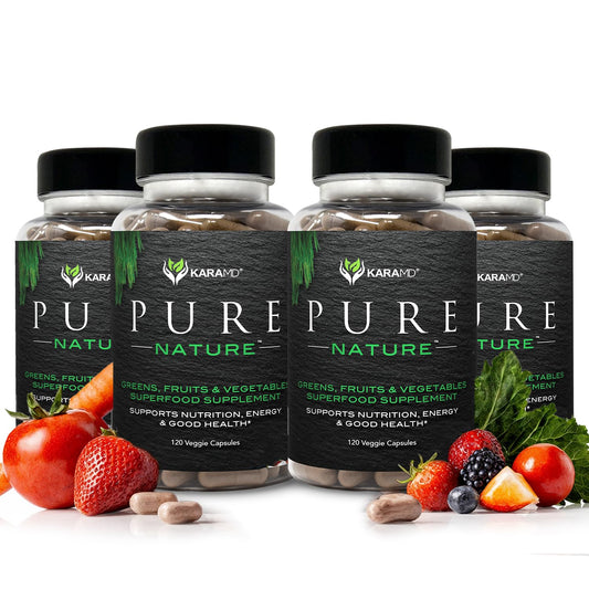 KaraMD Pure Nature bottle front with greens and fruits for energy support