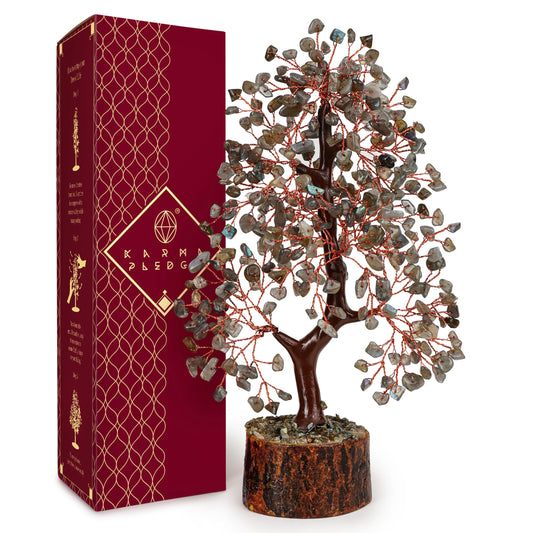 KARMAPLEDGE Crystal Tree of Life Labradorite on wooden base promotes balance and calm.