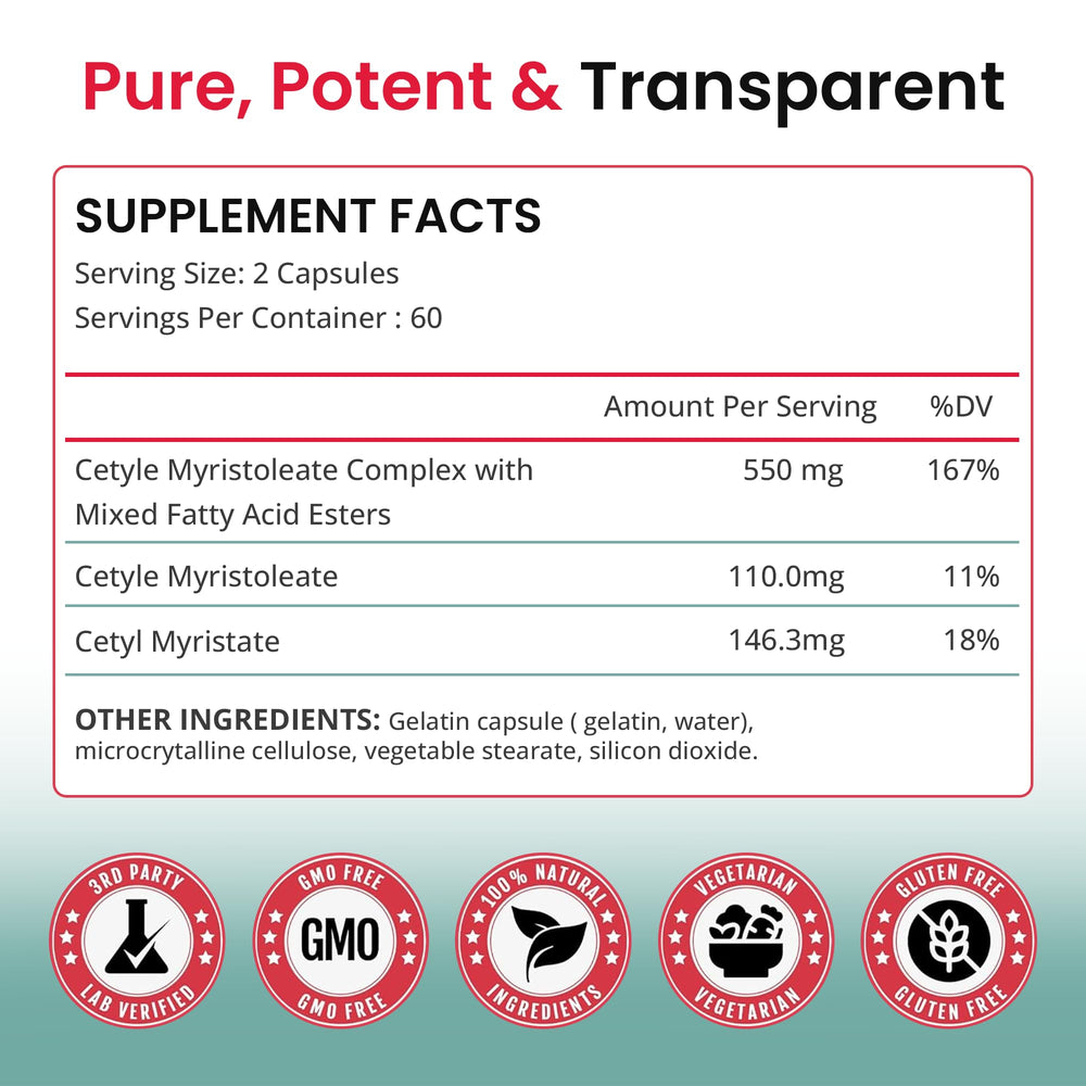 Ingredients chart on Karuna Cetyl Myristoleate packaging highlights fatty acids esters