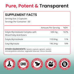 Ingredients chart on Karuna Cetyl Myristoleate packaging highlights fatty acids esters