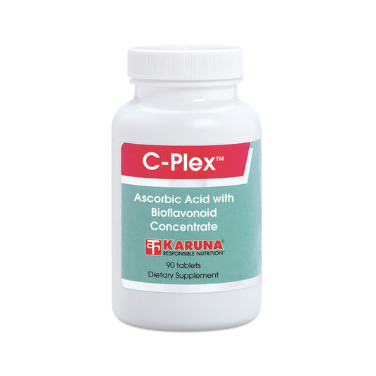 Karuna C-Plex bottle close-up highlighting vitamin C and bioflavonoids for immune support