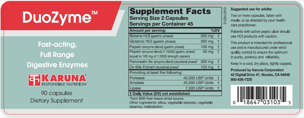 Karuna DuoZyme bottle label highlighting enteric-coated enzyme delivery
