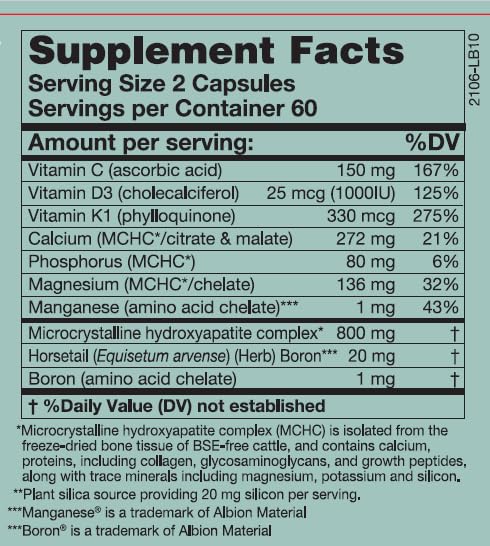 Karuna HydroxyCal bottle label close-up highlighting hydroxyapatite and vitamin D3.