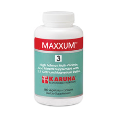 Karuna Maxxum 3 bottle front view highlighting herbal, iron-free multivitamin features.