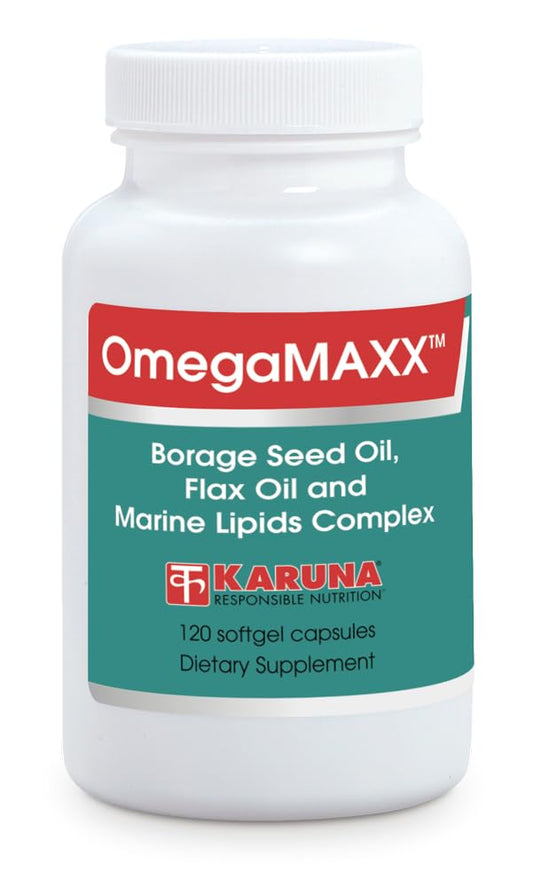 Karuna OmegaMAXX softgel capsules in a bottle for daily omega intake