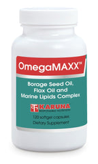 Karuna OmegaMAXX softgel capsules in a bottle for daily omega intake