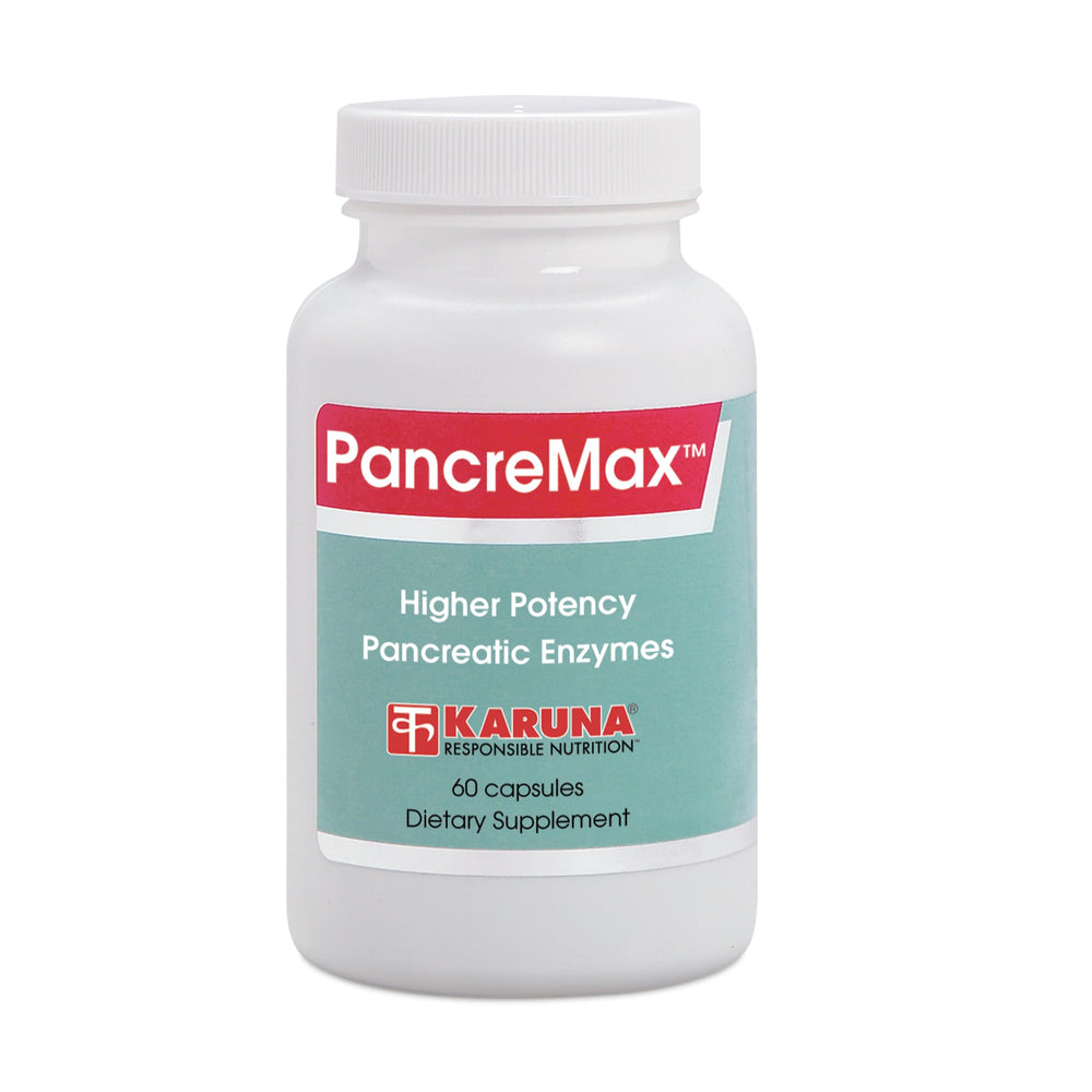 Karuna PancreMax 60 capsules bottle showing high-potency digestive enzymes for improved digestion.
