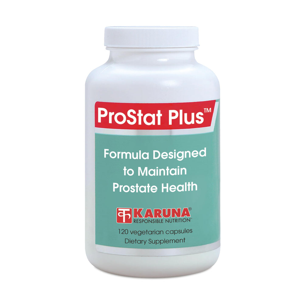 Karuna Prostate Plus bottle with capsules highlighting saw palmetto and pygeum ingredients for daily use