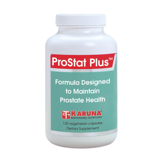 Karuna Prostate Plus bottle with capsules highlighting saw palmetto and pygeum ingredients for daily use