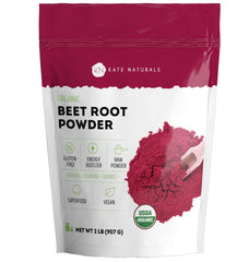 Kate Naturals beet root powder bottle front for smoothies and baking.