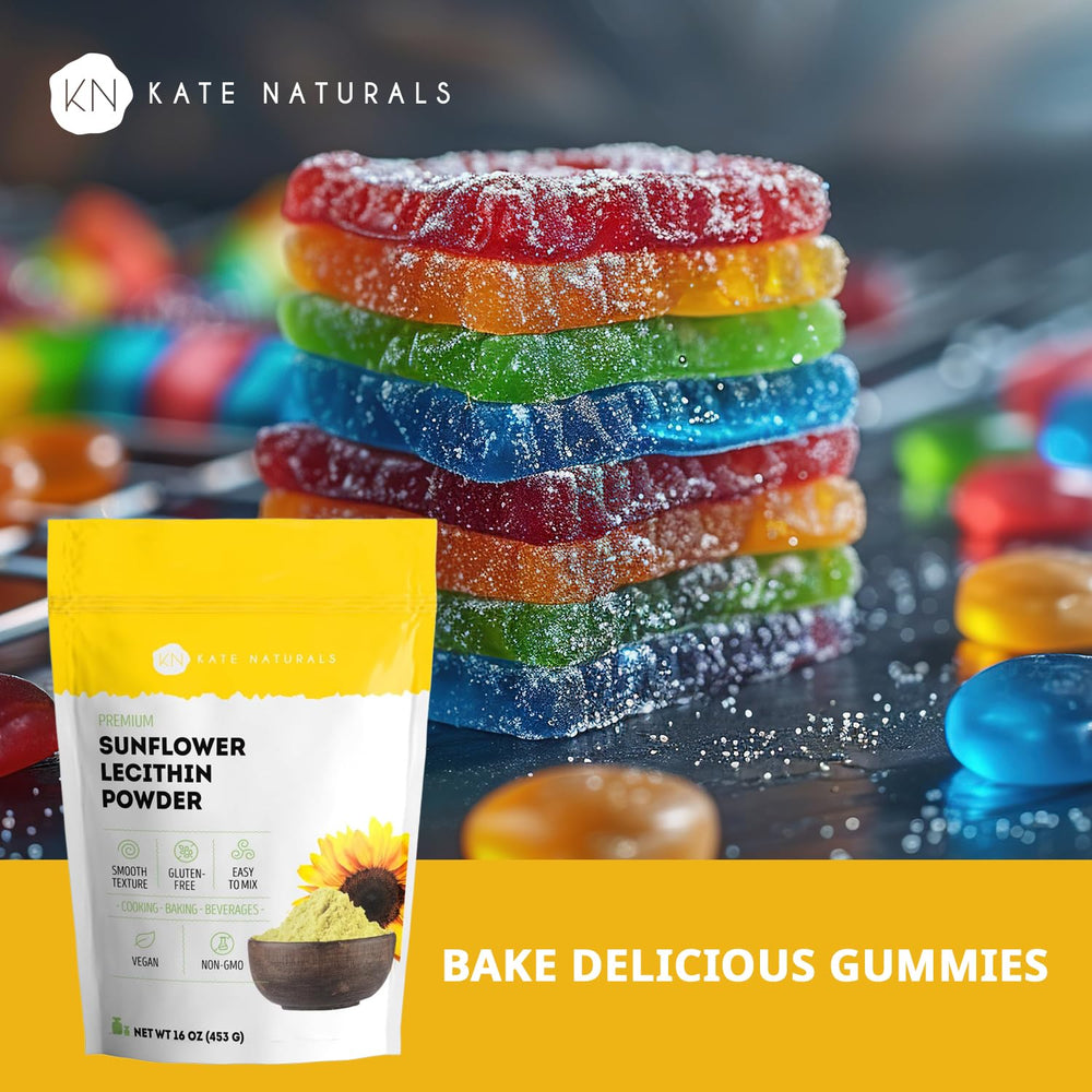 Kate Naturals lecithin powder label shows vegan, gluten-free, soy-free options.