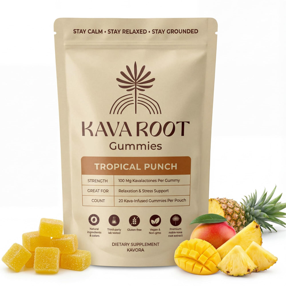 Kavora Kava Gummies bottle with tropical punch flavor promotes a convenient relaxation ritual.