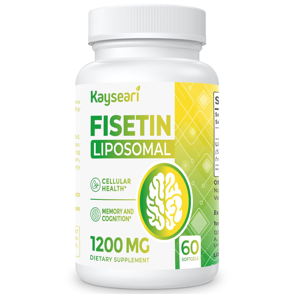 Kayseari Fisetin bottle front; premium packaging for daily wellness.