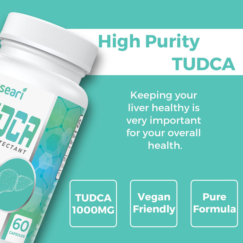 Label close-up on Kayseari TUDCA bottle showing gelatin-free and GMO-free ingredients.