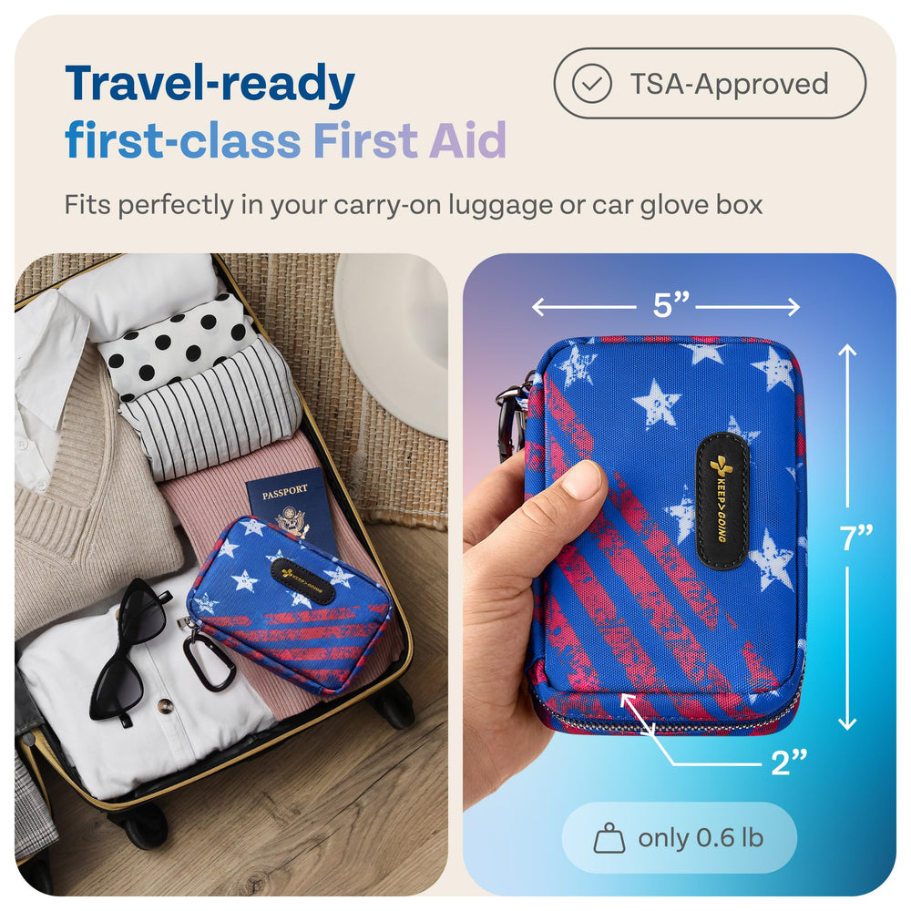 KeepGoing car travel-ready first aid kit shown for on-road safety.