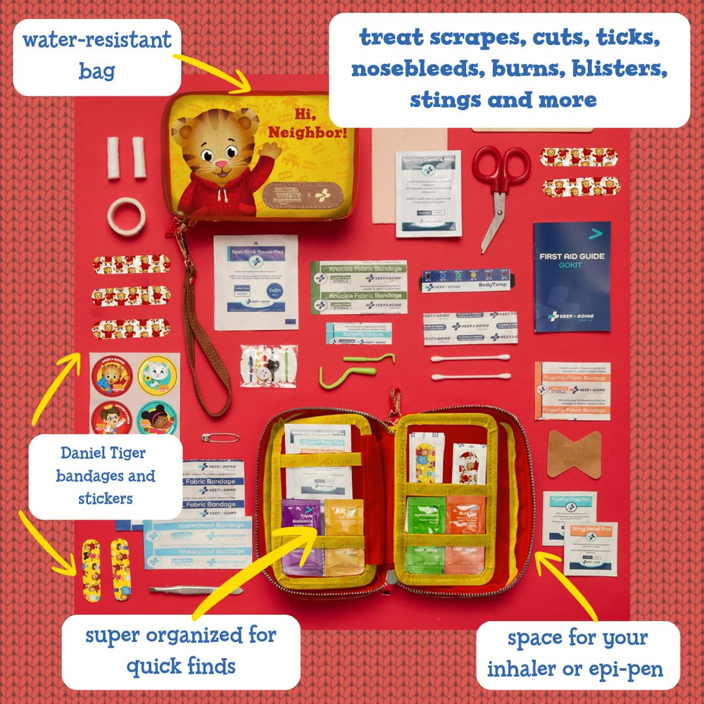 KeepGoing Daniel Tiger's travel kit contents show 130 pieces for everyday scrapes and minor injuries.