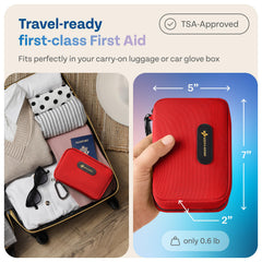KeepGoing travel-size first aid kit in-car view shows compact, travel-ready design.